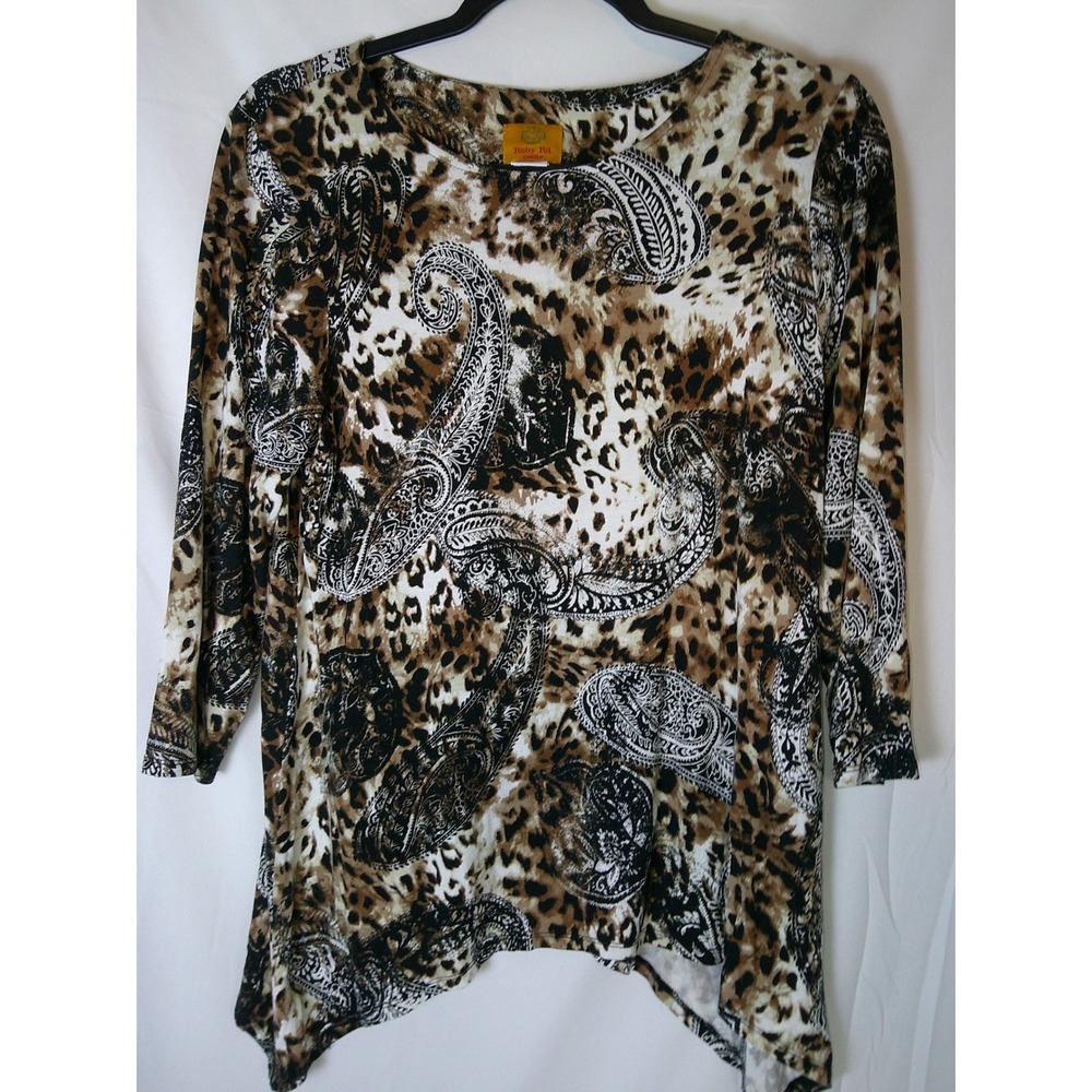 Ruby Rd Petite PS Leopard Paisley Top Brown Black 3/4 Sleeve Blouse